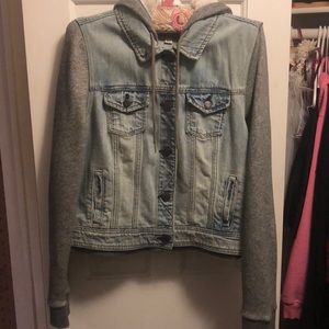 Jean jacket with knit hoodie and sleeves